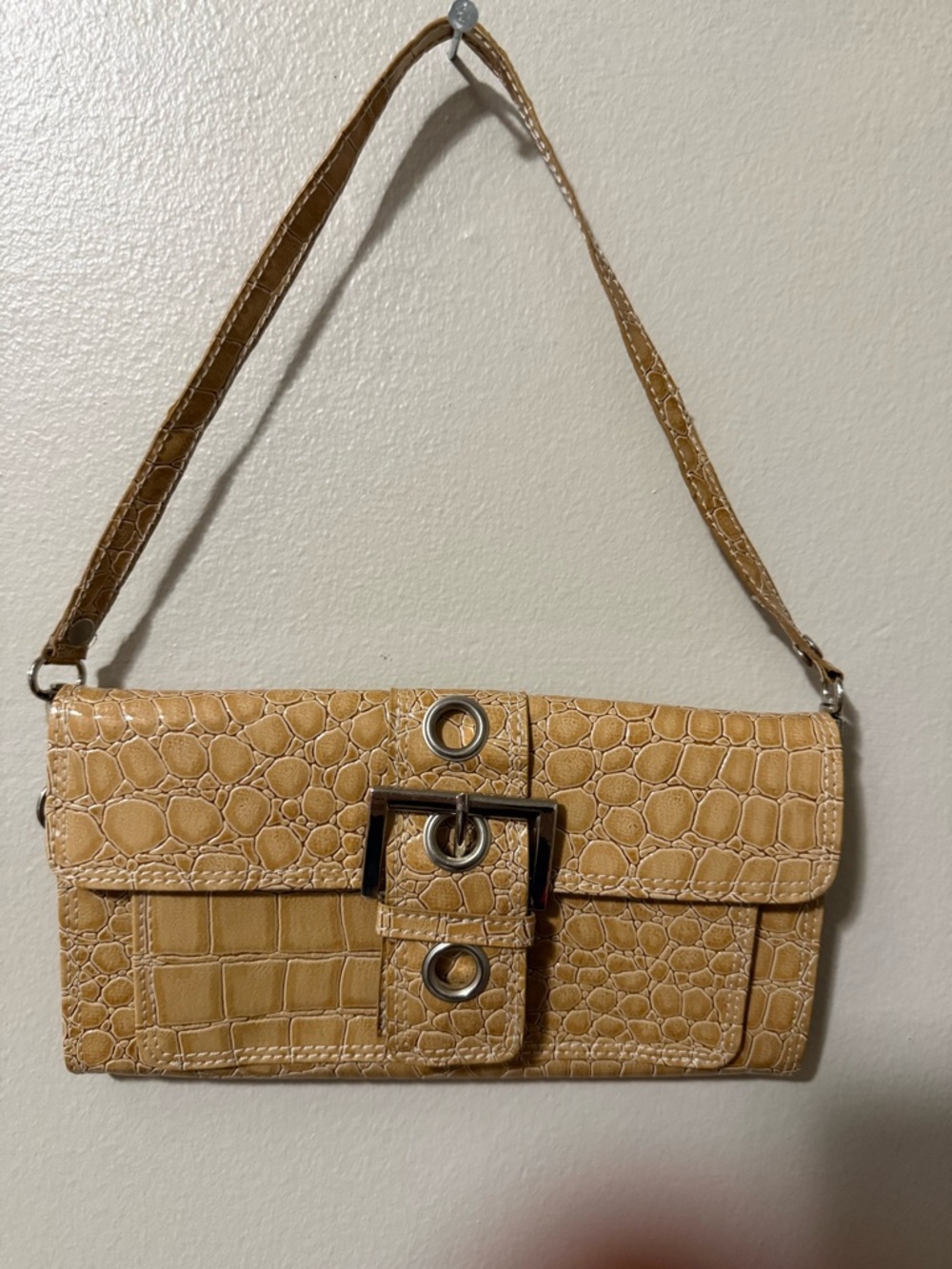 Bijoux Terner Tan Croc-Embossed Clutch with Buckle Accent